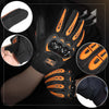 Black motorcycle riding gloves with orange accents showing various views of the full finger protection and design.