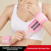 A woman is wearing a pink wrist support bandage on her arm while wearing a white sports bra top.