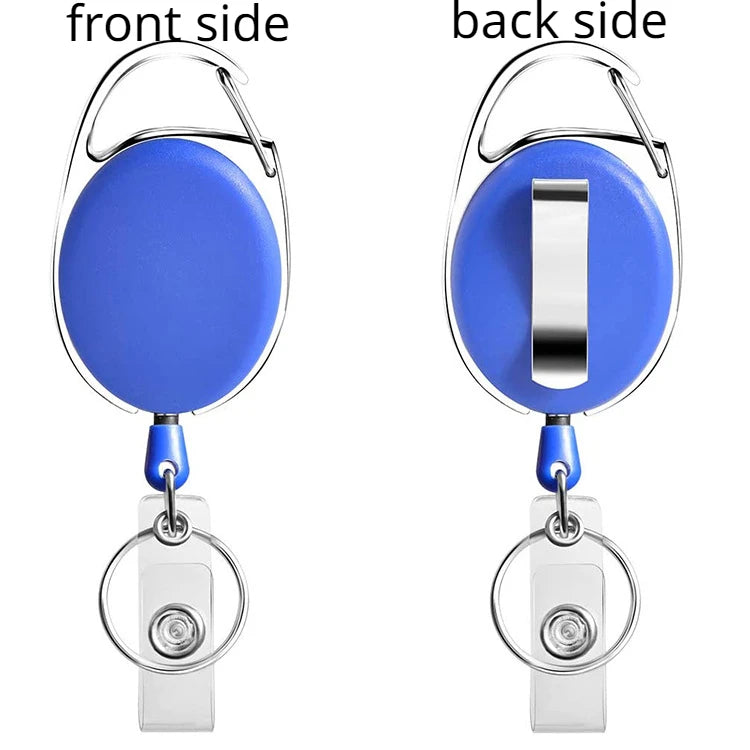 Front and back views of a blue retractable ID badge reel keychain.
