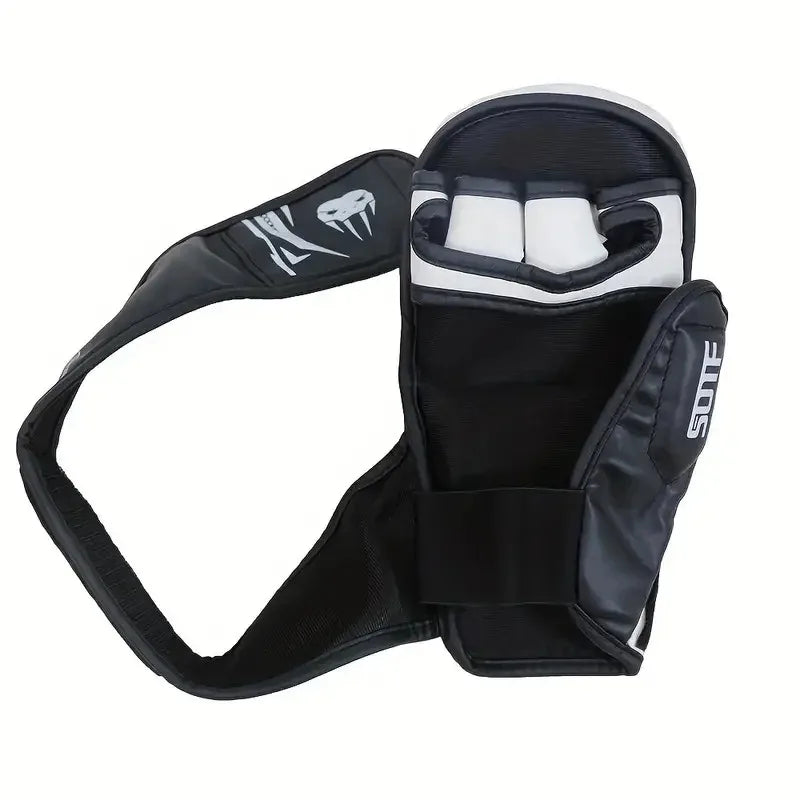A pair of black boxing gloves with white accents for MMA and Muay Thai training.