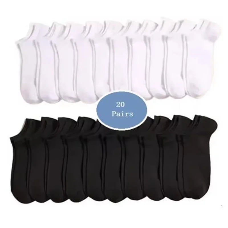 Ein Set aus 20 Paar atmungsaktiver Polyester-Baumwoll-Strumpfhosen für Herren in Weiß und Schwarz.