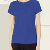 A woman wearing a royal blue quick dry moisture-wicking gym t-shirt and black pants.