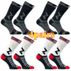 Four pairs of black and gray compression cycling socks shown from various angles.