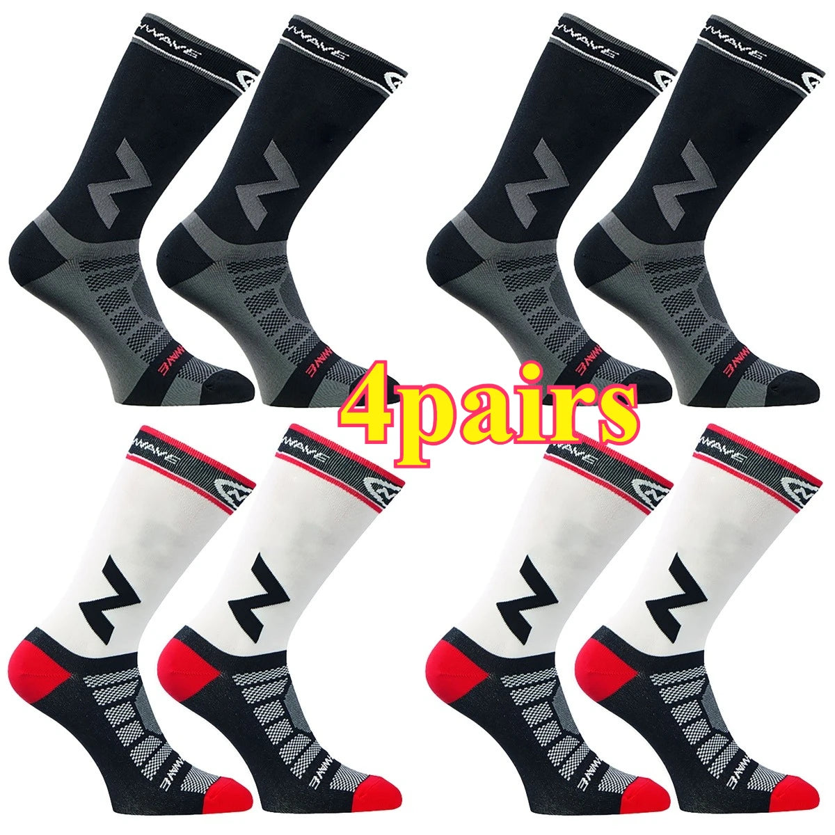 Four pairs of black and gray compression cycling socks shown from various angles.