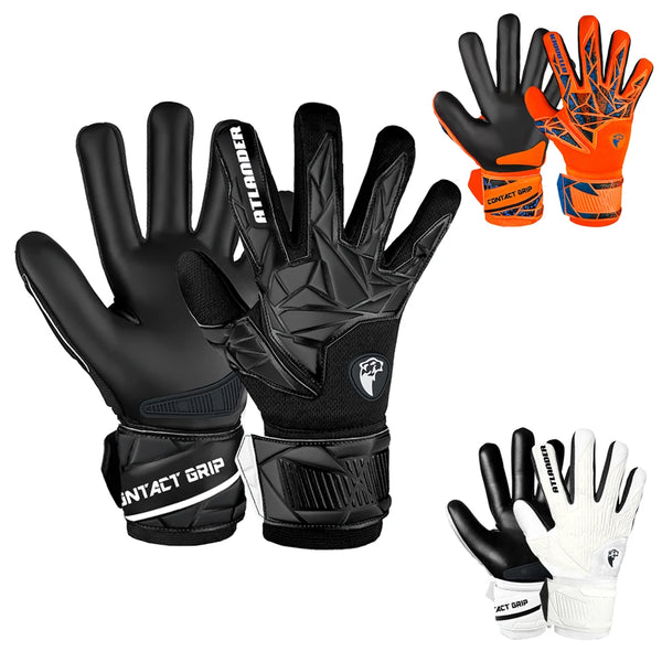 A set of black and orange latex goalkeeper gloves with wrist straps shown in various views.