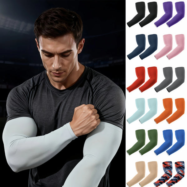 A man wearing a black shirt and white sleeves demonstrates summer sun protection knit sleeves in various colors.