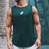A muscular man wearing a dark green sleeveless sports tank top with a white stripe logo.