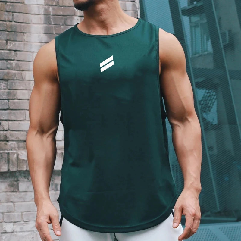 A muscular man wearing a dark green sleeveless sports tank top with a white stripe logo.