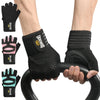Pulseras de levantamiento de pesas negras, transpirables y antideslizantes, mostradas en una mano y muñeca.