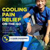 A young person applying blue instant cooling tape to their arm for muscle pain relief.