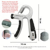 A silver and black adjustable hand grip strengthener for forearm muscle building shown with various components.