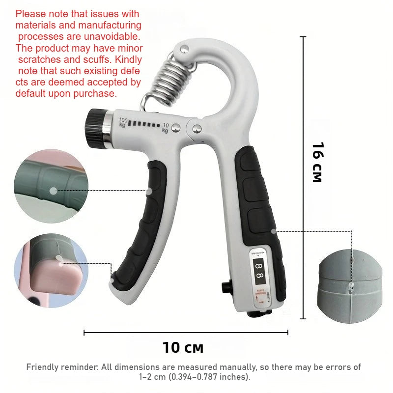 A silver and black adjustable hand grip strengthener for forearm muscle building shown with various components.
