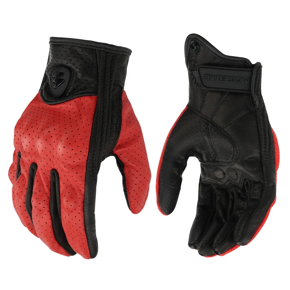 Pair of black and red full finger leather motorcycle riding gloves