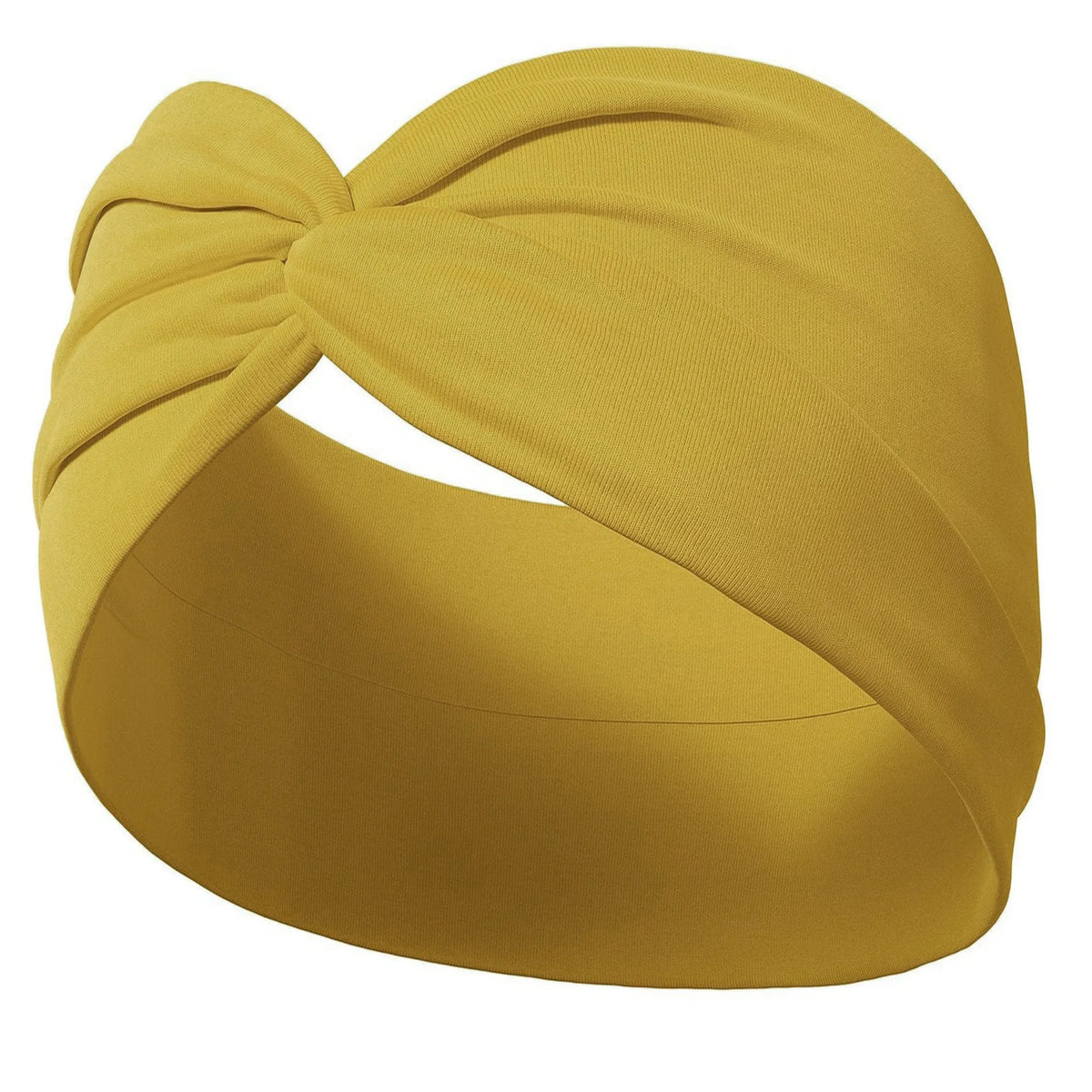 A mustard yellow fabric headband tied in a bow, suitable for yoga or bohemian style.