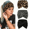 A woman wearing a leopard print sports headband on her hair, shown alongside separate black and white striped headbands.
