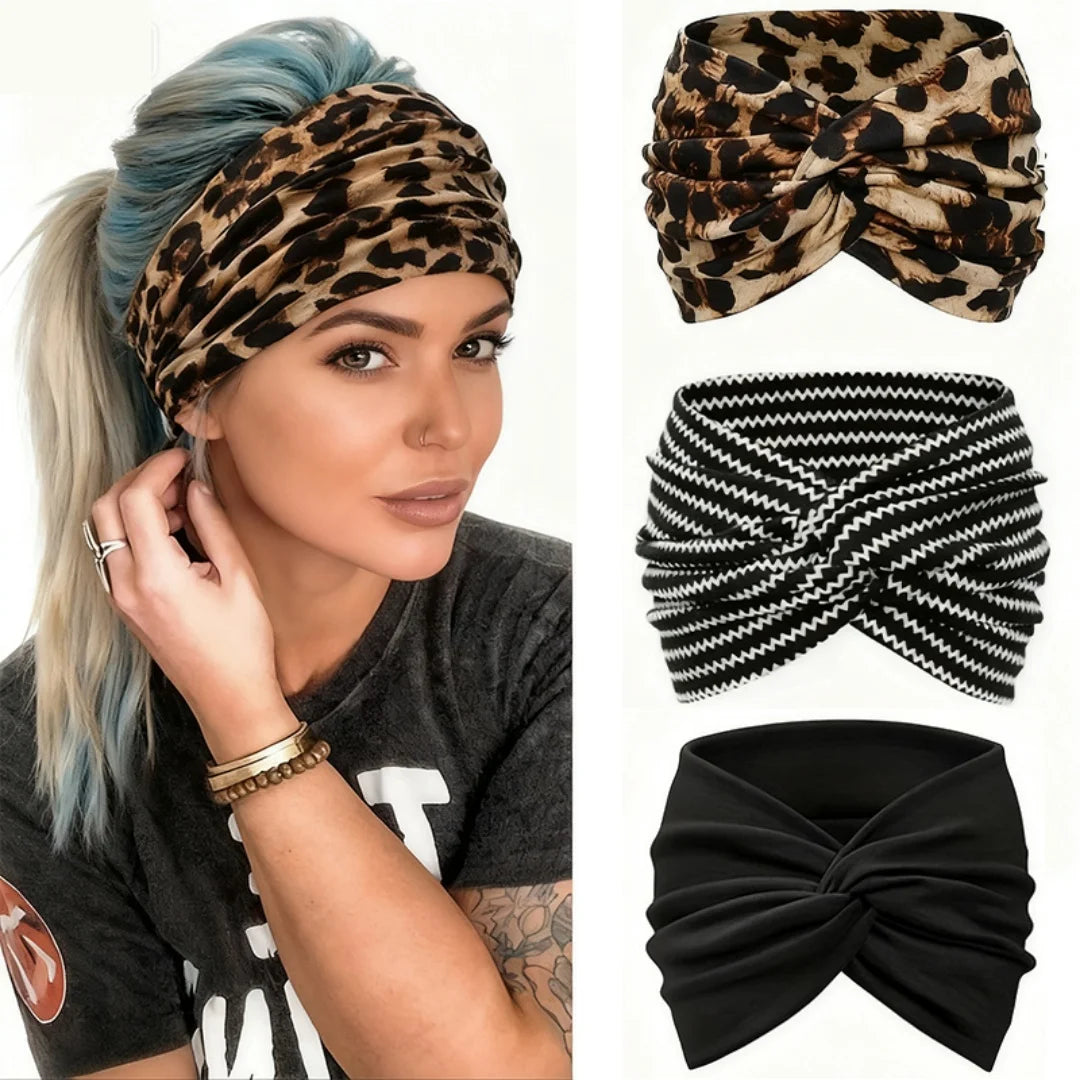 A woman wearing a leopard print sports headband on her hair, shown alongside separate black and white striped headbands.