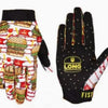 A pair of black full finger motocross motorcycle gloves featuring a red and white pattern with burger graphics.
