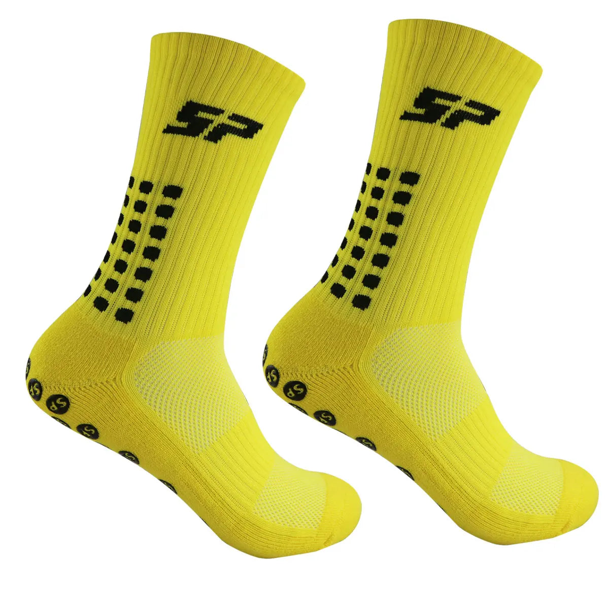 Paire de chaussettes de football jaunes vives antidérapantes avec marquage noir et texture en maille.