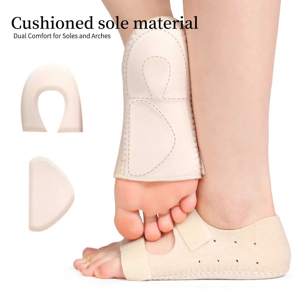 A person's foot wearing a beige gel heel cup for pain relief, with separate silicone components shown.