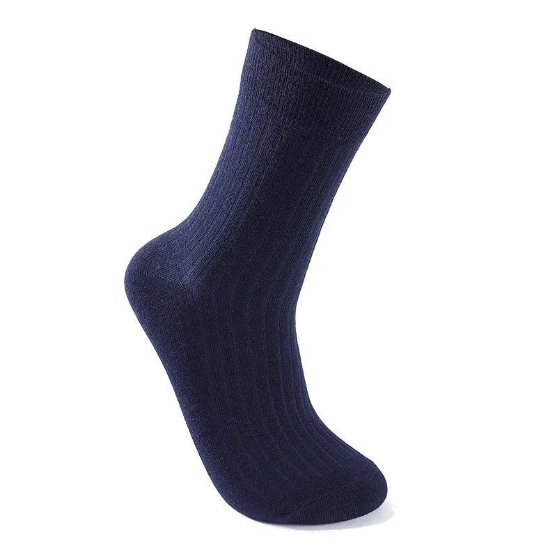 A dark navy blue men's mid-tube sweat absorption sock shown standing upright.