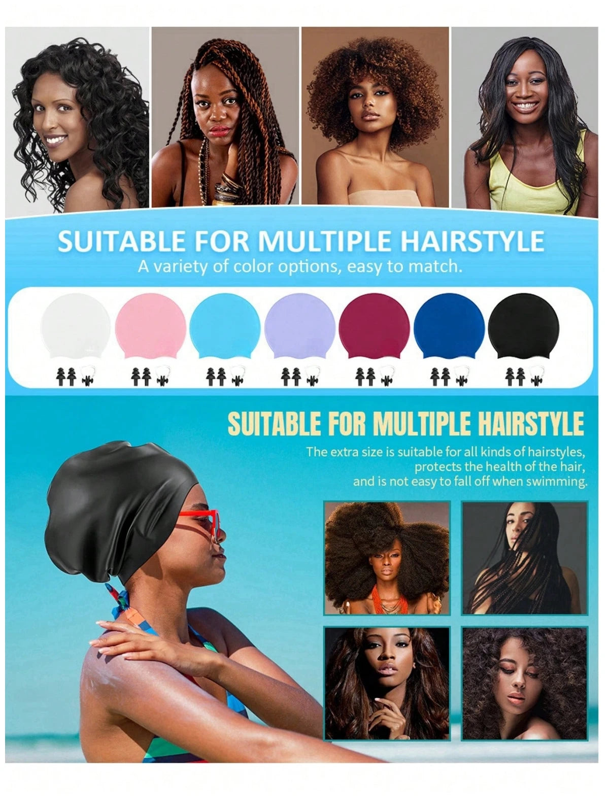 A black silicone swim cap suitable for multiple hairstyles, shown on a woman's head.