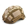 A tactical helmet cover featuring camouflage patterns in tan and brown colors.