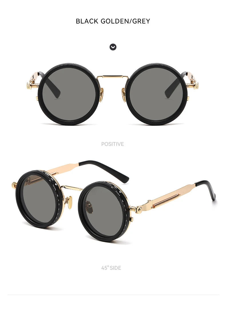 Black gold and grey polarized round sunglasses shown in multiple views.