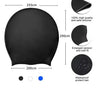 Black silicone swim cap with measurements and features for protecting long hair