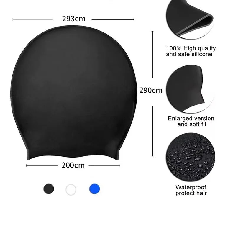 Black silicone swim cap with measurements and features for protecting long hair
