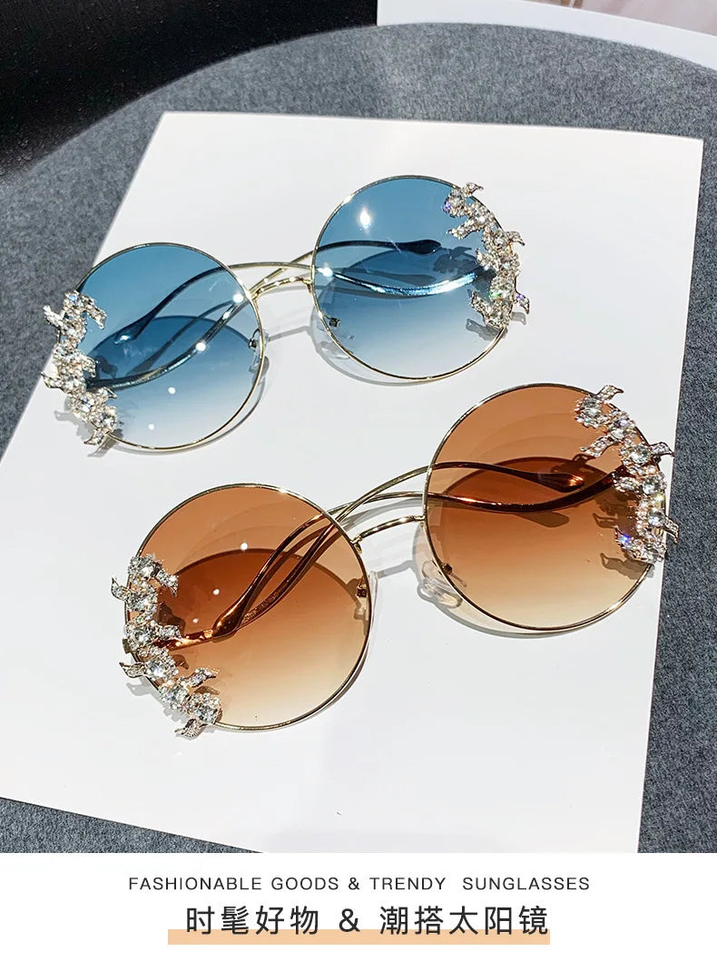Women's Rhinestone Oversized Round Sunglasses with UV400 Protection