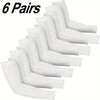 Six pairs of white UV protection compression arm sleeves displayed in a row.