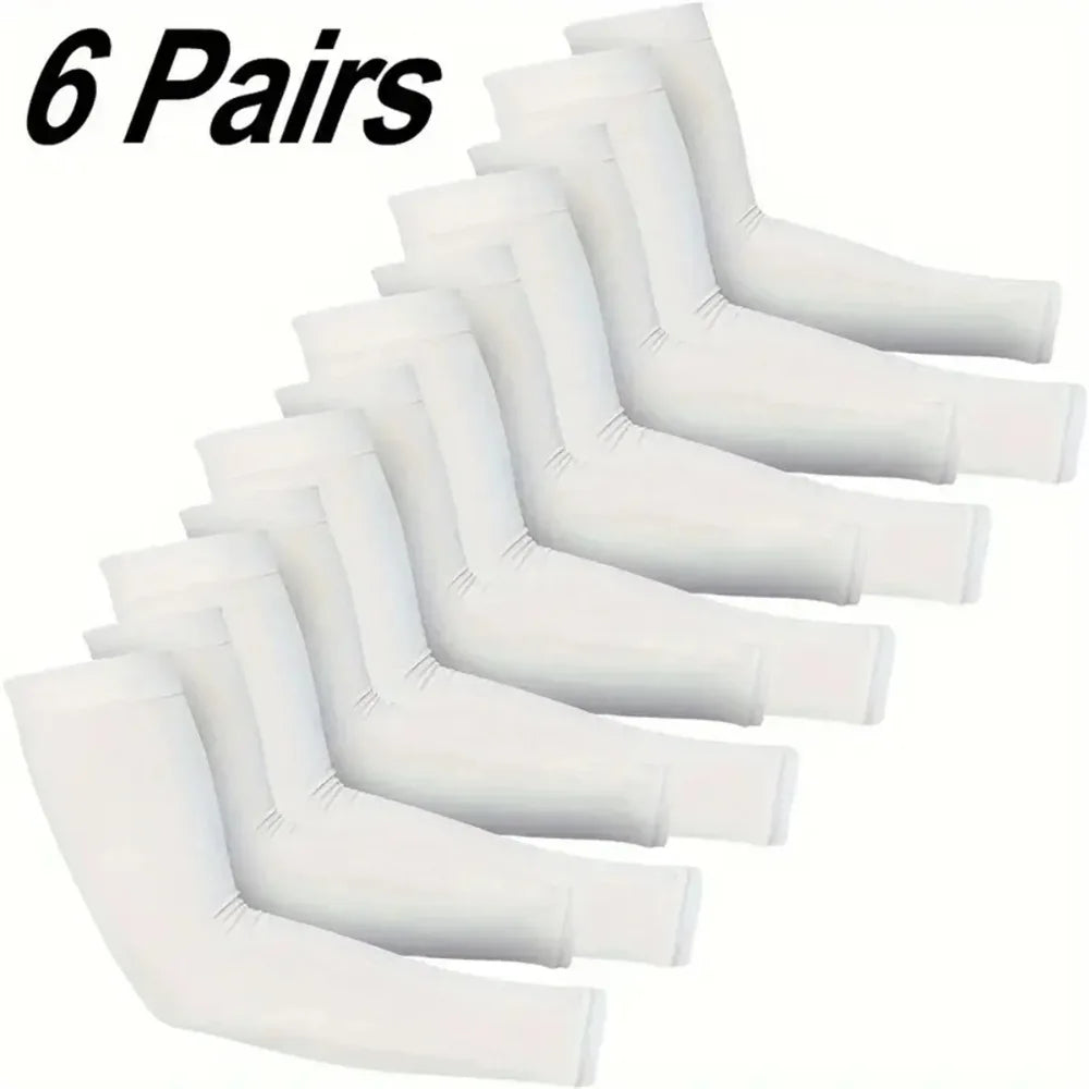 Six pairs of white UV protection compression arm sleeves displayed in a row.