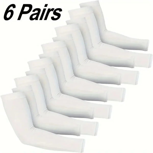 Six pairs of white UV protection compression arm sleeves displayed in a row.