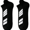 Une paire de chaussettes de sport noires avec des rayures blanches sur la cheville, vue de profil.