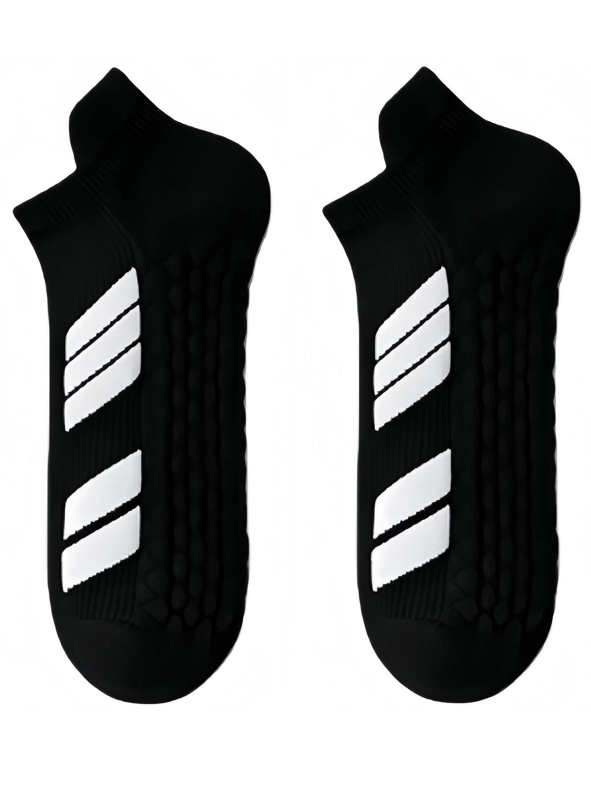Une paire de chaussettes de sport noires avec des rayures blanches sur la cheville, vue de profil.