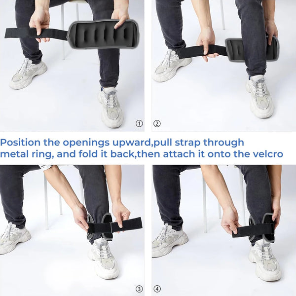 Demostración de cómo posicionar y sujetar pesas ajustables para tobillo y muñeca para entrenamiento de fuerza