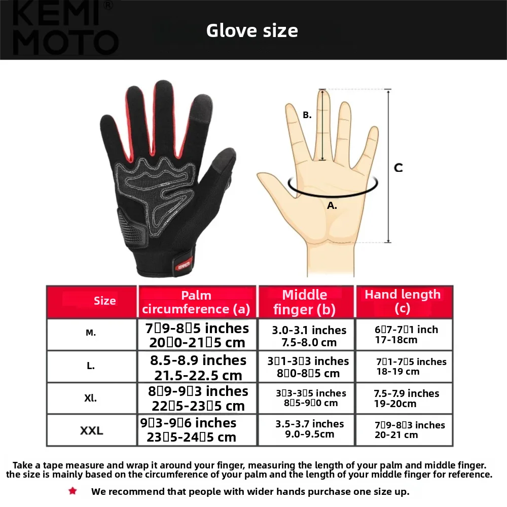 Diagram showing glove sizes and hand measurements for motorcycle riding gloves