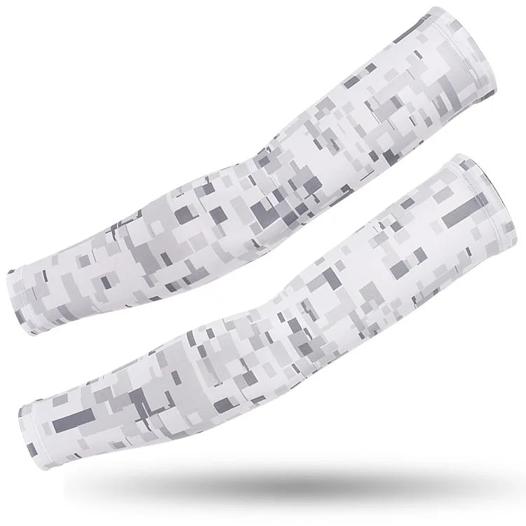 A pair of tactical camouflage arm sleeves for UV protection shown against a white background.