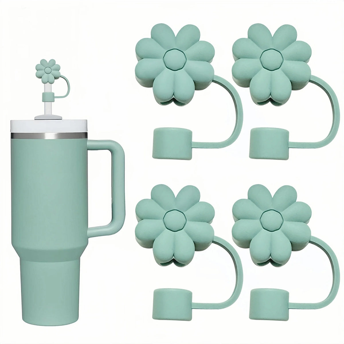 A teal silicone straw cover and tumbler set with multiple flower-shaped silicone covers.