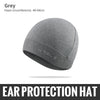 A grey windproof thermal knit beanie hat shown flat lay.