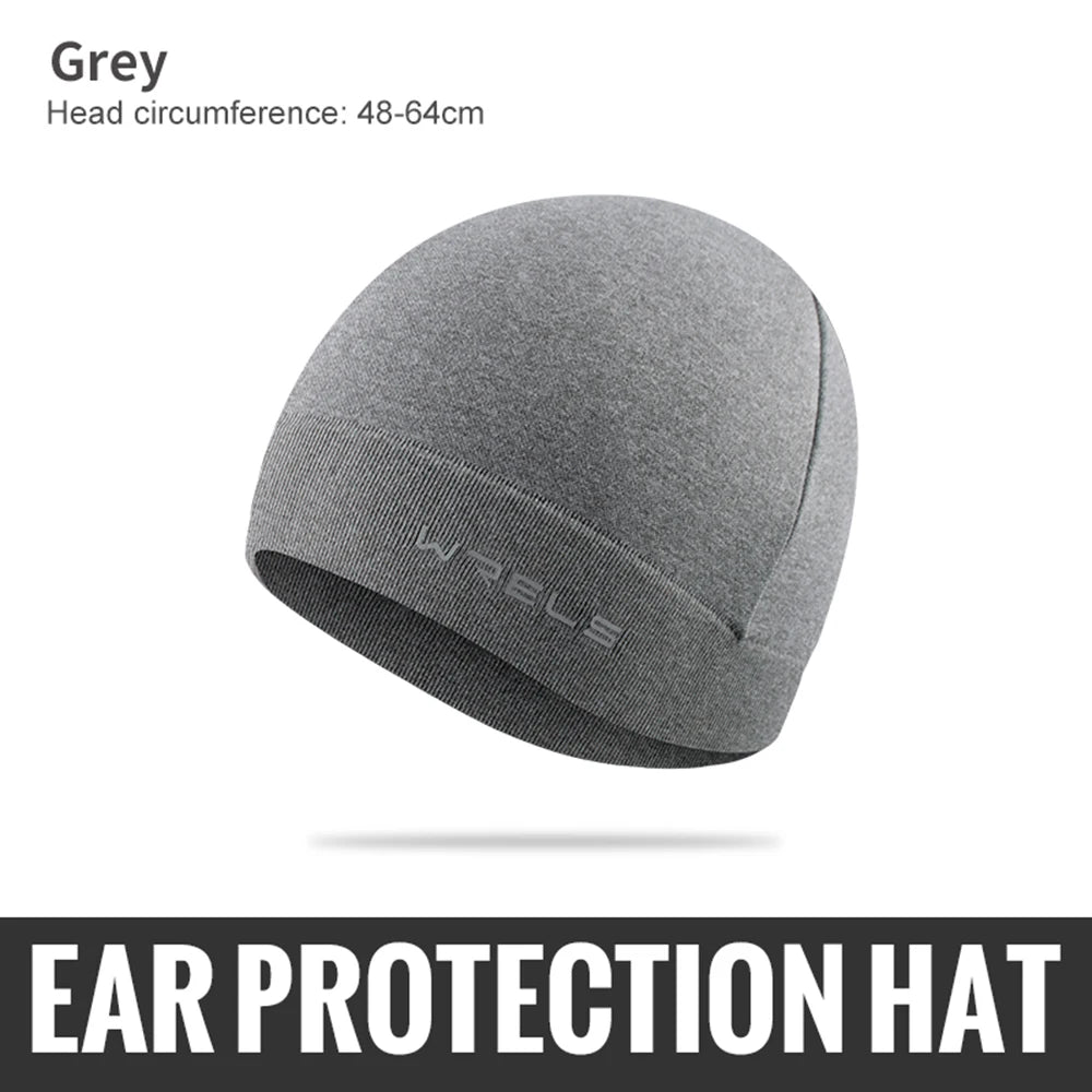 A grey windproof thermal knit beanie hat shown flat lay.