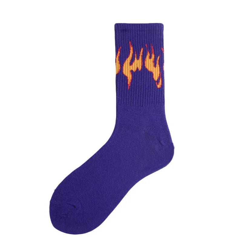 Purple novelty socks with a flame pattern on the top