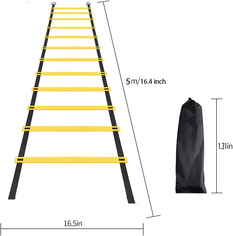 A professional agility ladder with yellow rungs and black frame shown in a vertical layout.