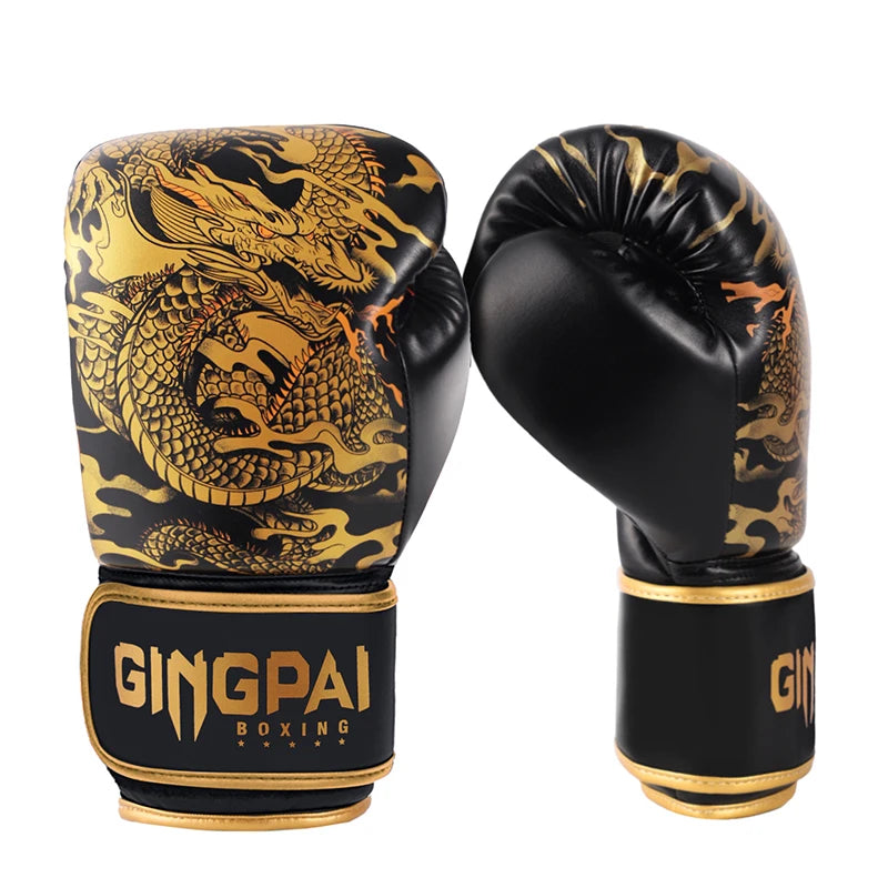Ein Paar schwarze Boxhandschuhe mit goldenen Akzenten und einem schwarzen Armband.