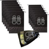 A set of black reusable non-woven shoe storage bags with white embroidered shoe icons.