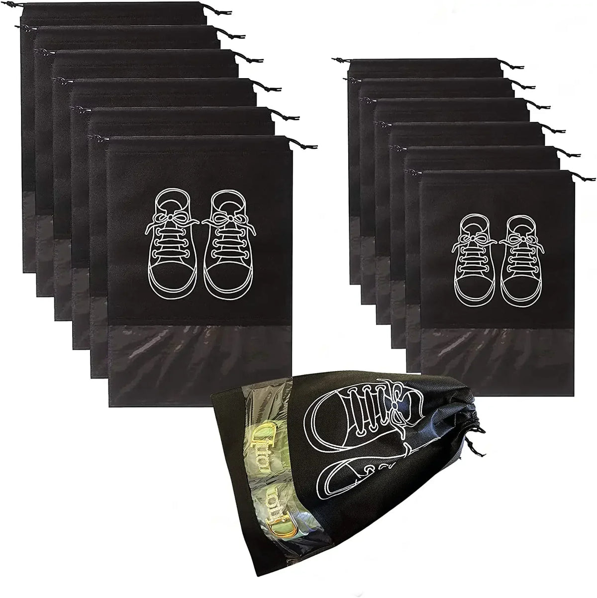 A set of black reusable non-woven shoe storage bags with white embroidered shoe icons.