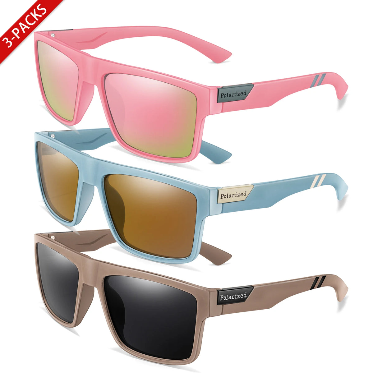 Three pairs of polarized square sunglasses in pink, blue, and brown shades