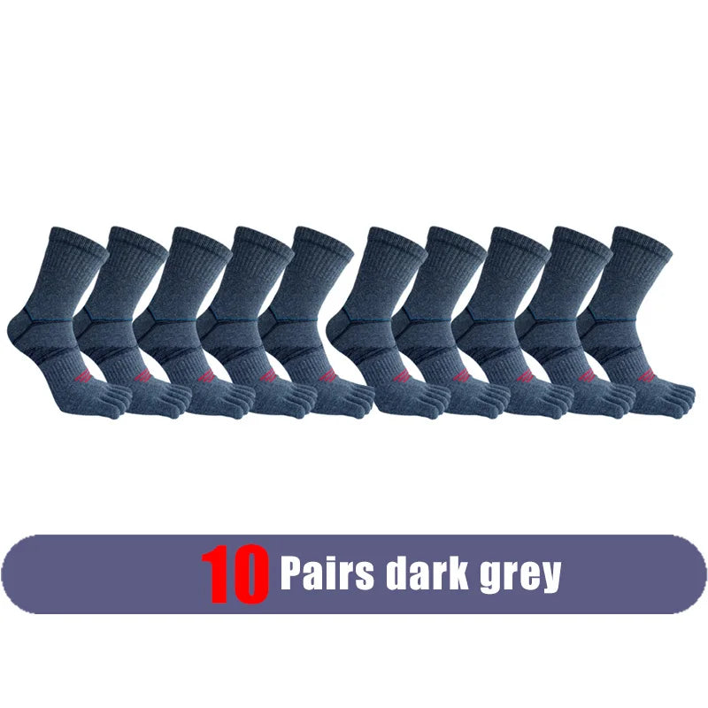 A pack of ten pairs of dark grey men's sport compression socks laid out in a row.