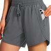 Gray women's quick-dry sports running shorts with an elastic waistband and side pocket