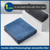 A stack of dark blue microfiber cleaning towels is shown next to a white box.